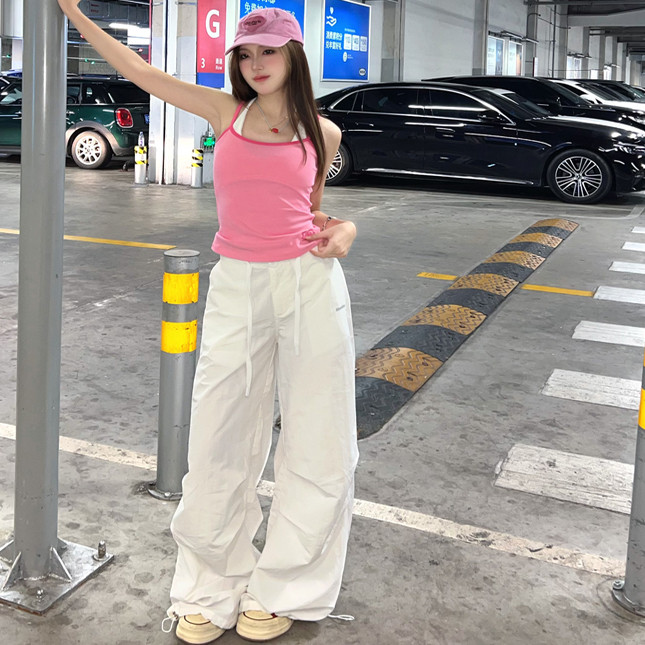 77lin美式复古抽绳褶皱工装裤女夏季新款宽松直筒阔腿休闲长裤子,男装工装外套,星座506A