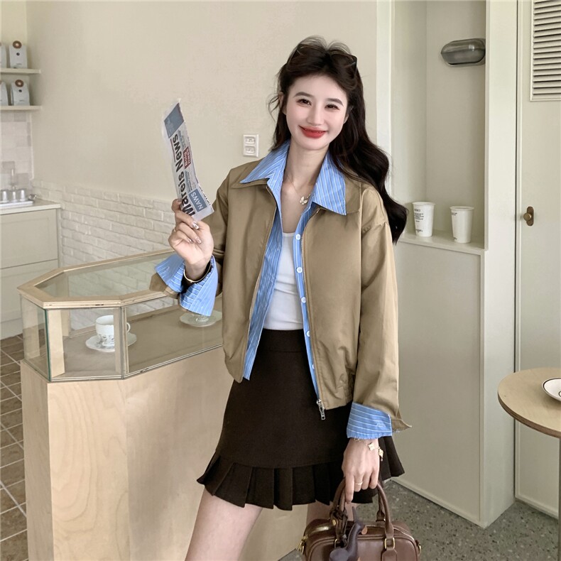 【新款2026春】复古假两件条纹衬衫拼短夹克外套9808-P165K268,女装短外套,2C088