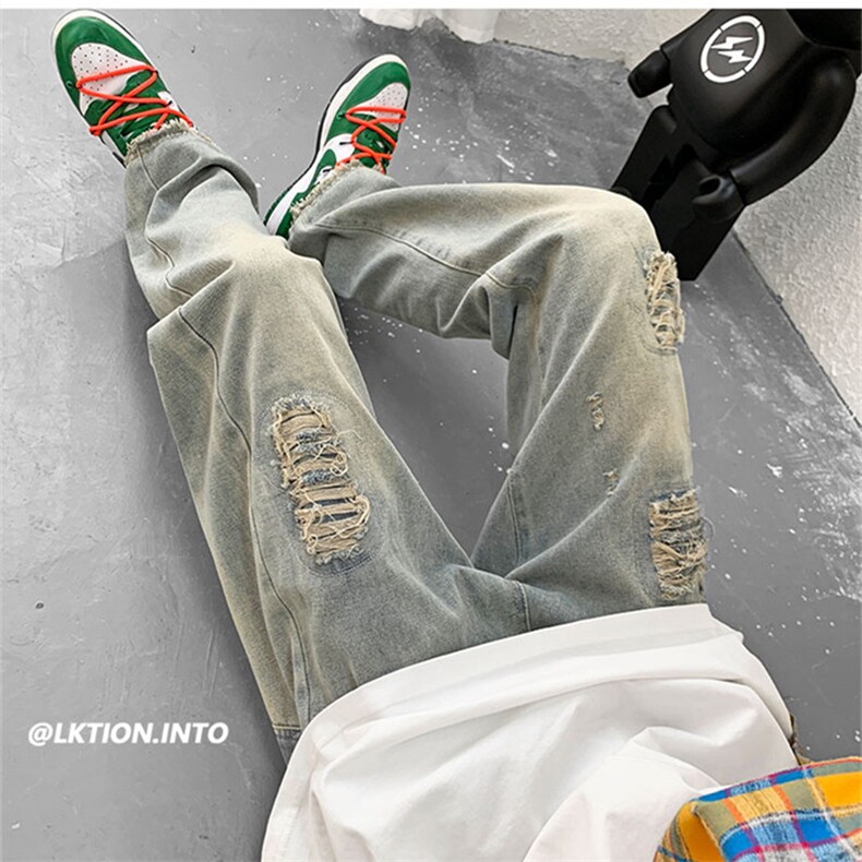 美式高街水洗做旧破洞牛仔裤男ins潮牌hiphop宽松阔腿裤N9231-p42,男装牛仔裤,星座1008