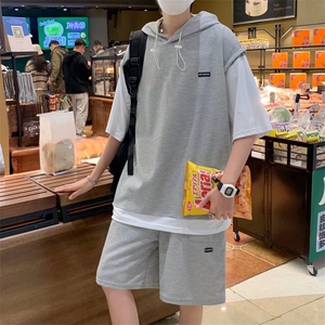 港风休闲短袖套装男夏假两件t恤宽松运动短裤帅两件套TZ9030-P35图片
