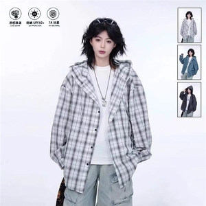 夏季美式复古休闲格子长袖衬衫男女同款潮牌宽松衬衣防晒外套图片