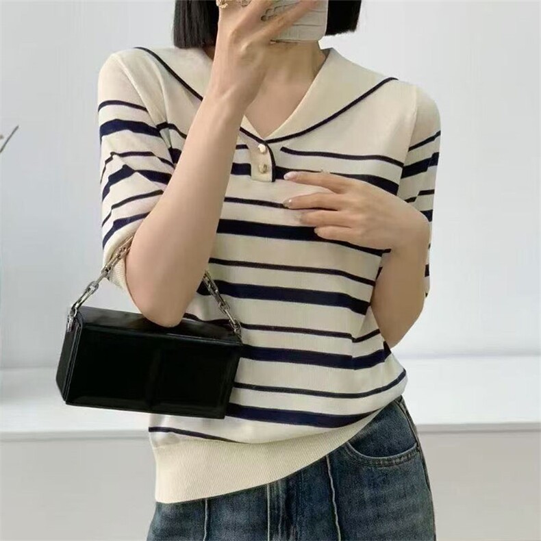 T恤海军领条纹天丝短袖针织衫女25年夏新款洋气毛衣宽松时尚上衣，女装针织衫/毛衣，萱芳婷羊绒