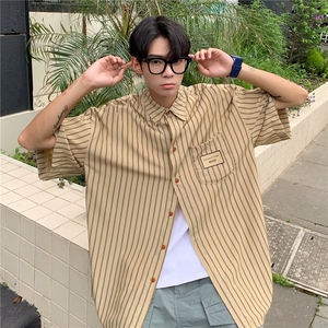 衬衫男韩版潮流短袖条纹贴标帅2026夏季新款ins宽松外套CY384-P36图片