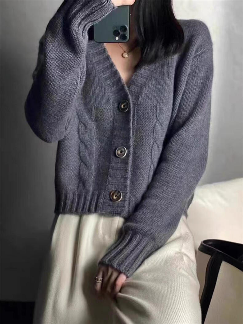 2024年秋季新款针织开衫女短款V领宽松显瘦麻花毛衣外套,女装羊毛衫,千御纺羊绒