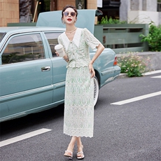 大码女装蕾丝刺绣短袖上衣显瘦a字半身裙夏季胖mm国风两件套，女装套装/套裙，慕依路