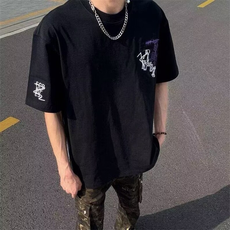 个性设计感潮牌字母刺绣短袖T恤男夏季新款纯棉重磅美式宽松上衣,男装T恤,星座506A