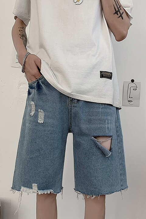 夏季男士五分裤破洞薄款牛仔中裤宽松潮流水洗港风裤子D,男装牛仔裤,星座1008