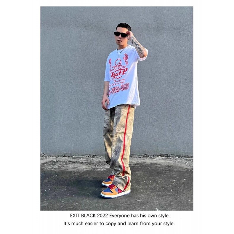 潮美式街头迷彩牛仔裤男ins潮宽松直筒hiphop拉链开叉休闲长裤,男装牛仔裤,四季星座505
