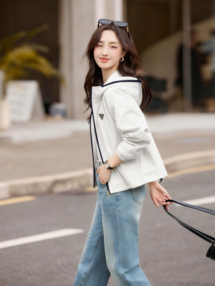 2025春秋季新款时尚休闲百搭品质拉链连帽休闲韩版短外套女,女装短外套,诺蝶