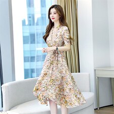 潮流优雅显瘦气质百搭韩版V领印花连衣裙2021夏季，女装连衣裙，贵人树