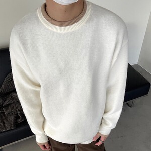 韩系高级感简约百搭北极绒假两件毛衣男潮流慵懒风宽松长袖针织衫图片