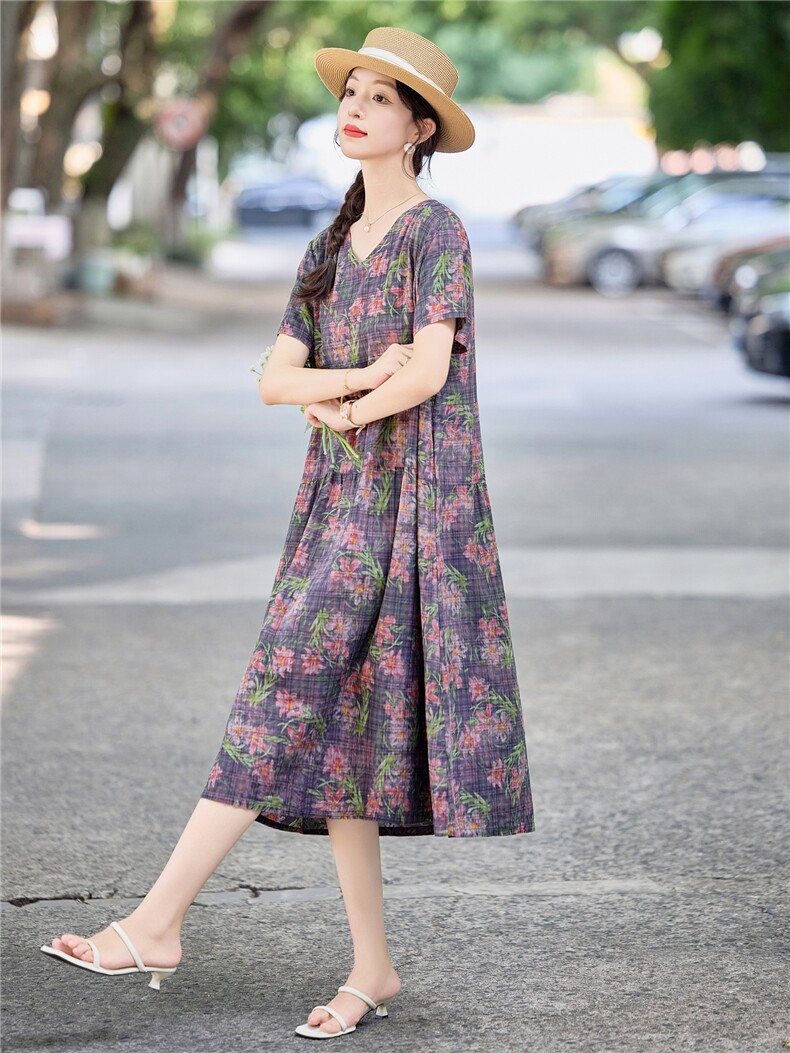 休闲宽松紫色碎花棉麻连衣裙女2026夏季洋气妈妈遮肚显瘦直筒裙子,女装连衣裙,倪叶myz