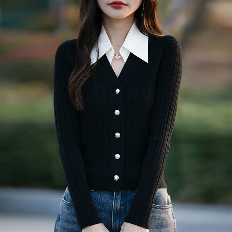 2025春季新款POLO领拼接假两件针织开衫女衬衣领修身薄款毛衣外套图片