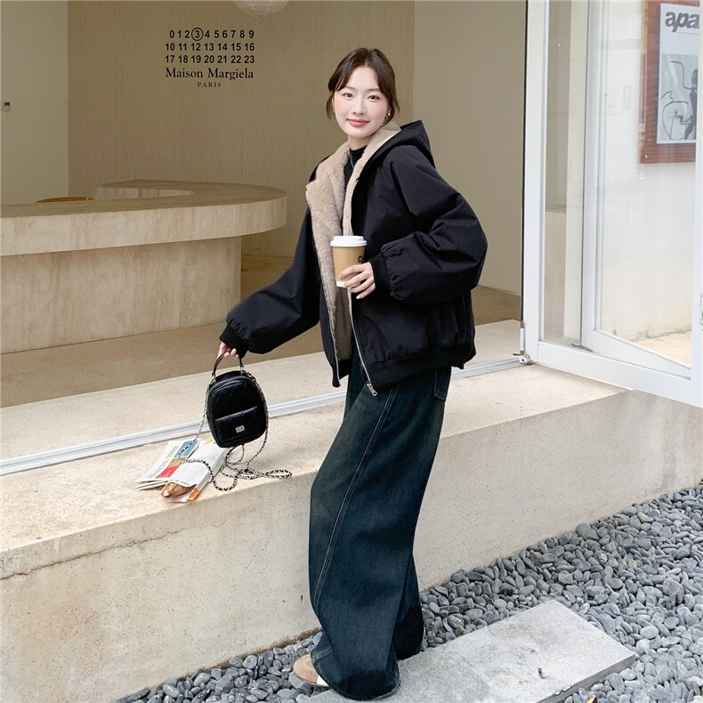 韩系工装风连帽派克服羊羔毛绒外套女冬2025新款保暖加厚加绒外套,女装短外套,艾米莉亚