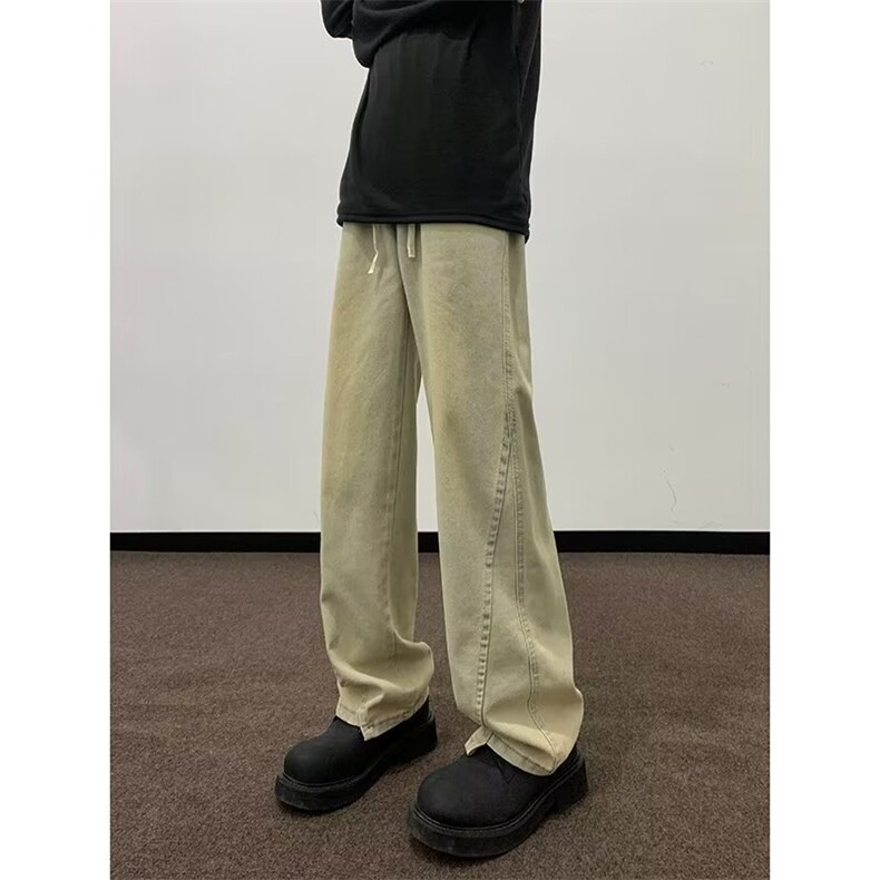 春季潮牌牛仔裤男美式复古黄泥色裤子宽松直筒系绳K6074-P45,男装牛仔裤,星座1109-3