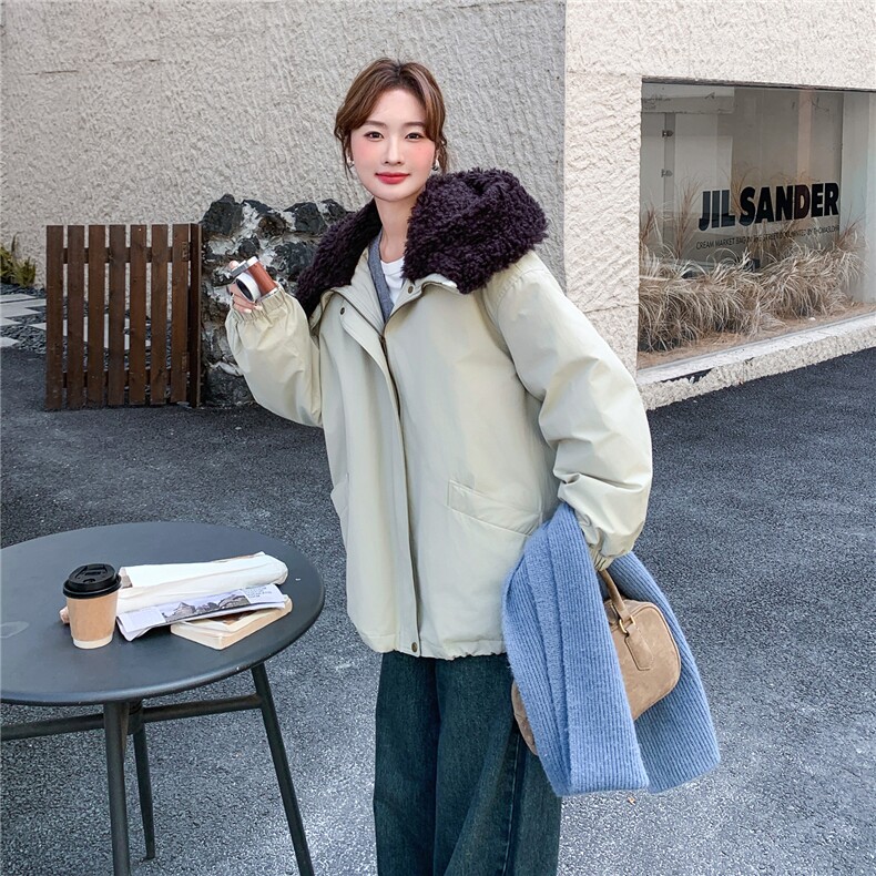 羊羔毛大翻领连帽工装派克服女中长款2025冬季90白鸭绒加厚羽绒服,女装羽绒服,2C159