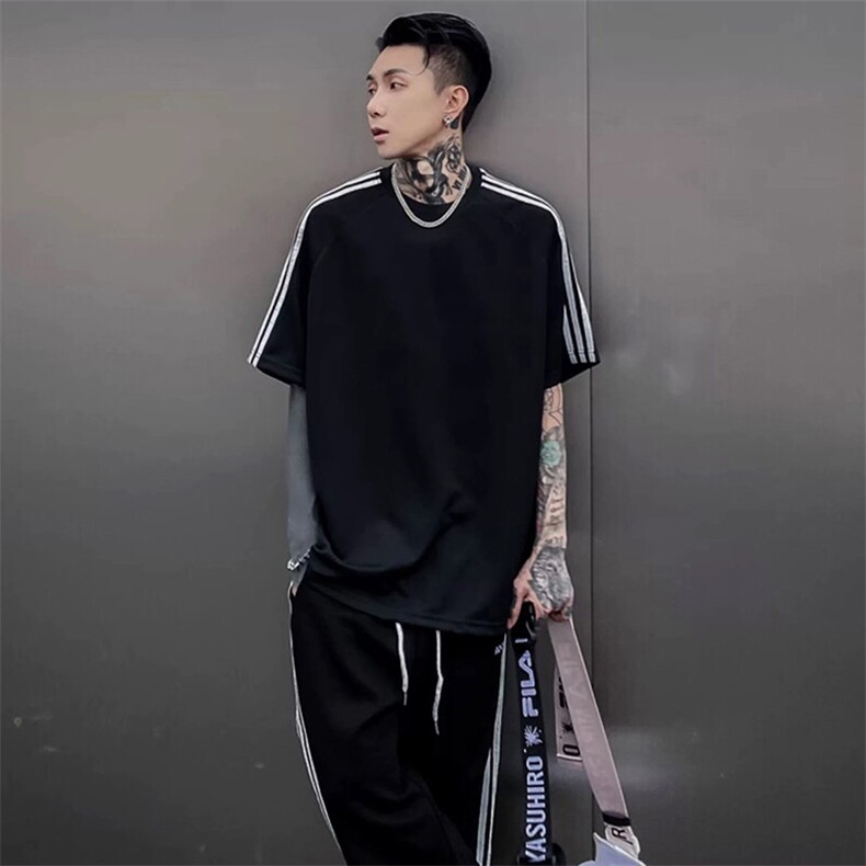 抖音得物高品质二开240克宽松纯棉美式潮牌三条杠织带短袖T恤,男装T恤,电商A486