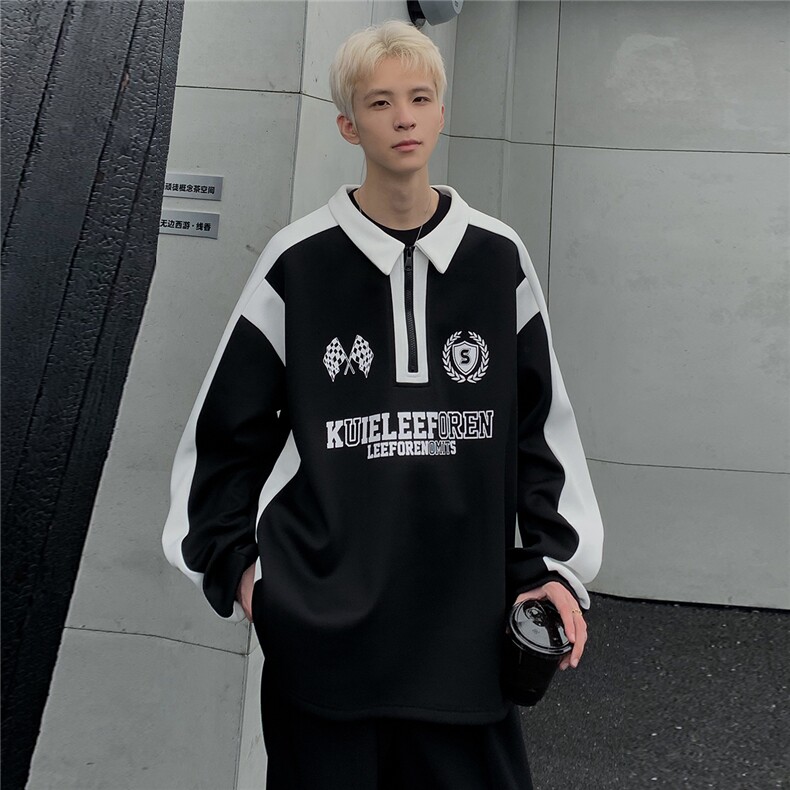 秋季美式复古POLO衫男新款重磅卫衣休闲撞色拼接上衣W83-P48图片