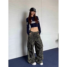 美式复古褶皱多口袋迷彩工装牛仔裤女高街潮牌显瘦堆积感拖地裤子，男装牛仔裤，星座1210-1