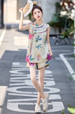 新中式盘扣印花旗袍套装女2025夏新款国风时髦无袖背心短裤两件套，女装套装/套裙，橙子家
