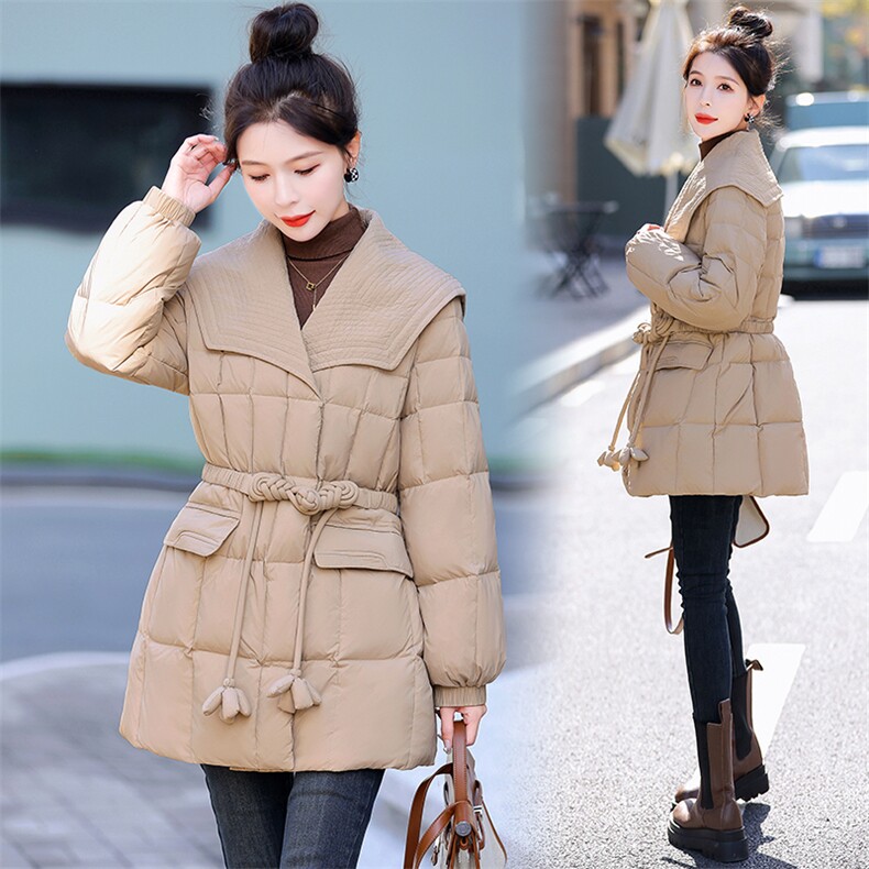 羽绒服2025新款冬季小香风时尚大翻领盘扣小个子白鸭绒外套，女装羽绒服，仟媚宠