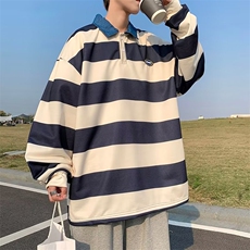 美式情侣装上衣日系条纹Polo领卫衣男秋冬潮牌ins翻领W6377-P38，男装卫衣，星座512-2