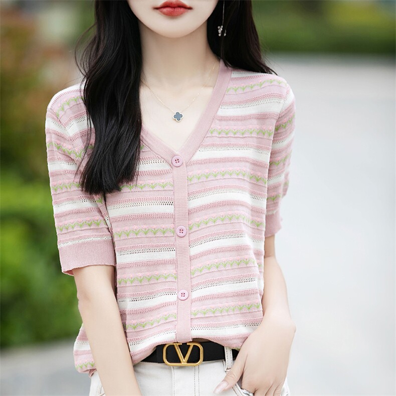 欧货V领冰丝条纹短袖T恤针织衫女士2025春季新款半袖上衣女爆款图片