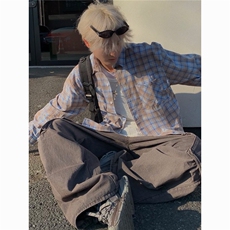 美式格子长袖衬衫男女夏防晒宽松休闲衬衣1001-1-CS011-P45，男装防晒衣，星座1001-1