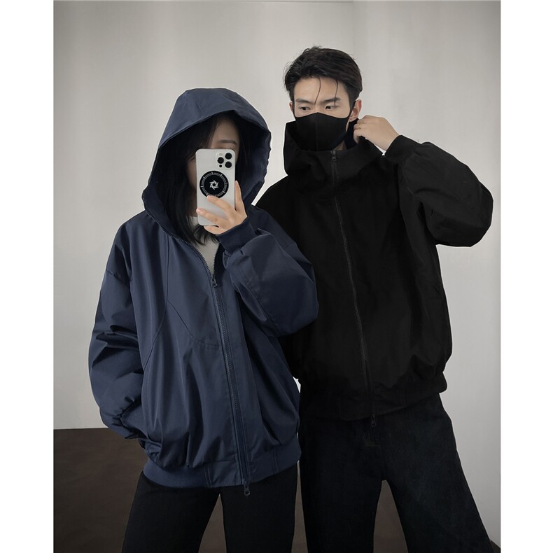 美式短款 秋季开衫连帽夹克中性复古宽松褶皱外套潮 HZ6608- P75图片