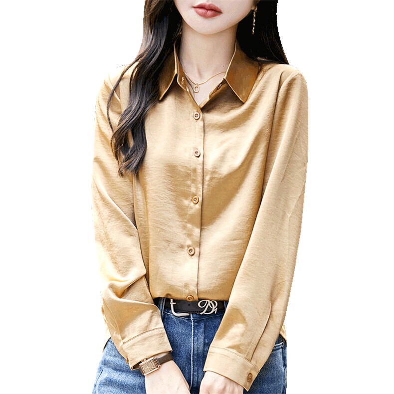 2025早春高端POLO领真丝衬衣女新款纯色显瘦桑蚕丝气质外搭衬衫韩,女装衬衫,佳绒高端店