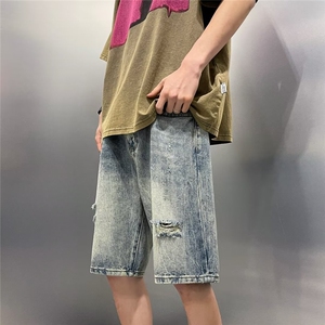 中腰百搭潮流直脚潮破洞男青春流行五分裤牛仔裤M613P36图片