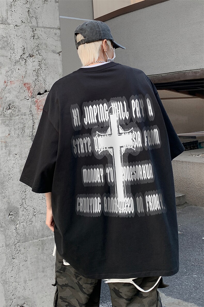 B239-1103-P25字母十字架印花夏季重磅落肩袖短袖T恤男美式,男装T恤,星座514-2(原B239)