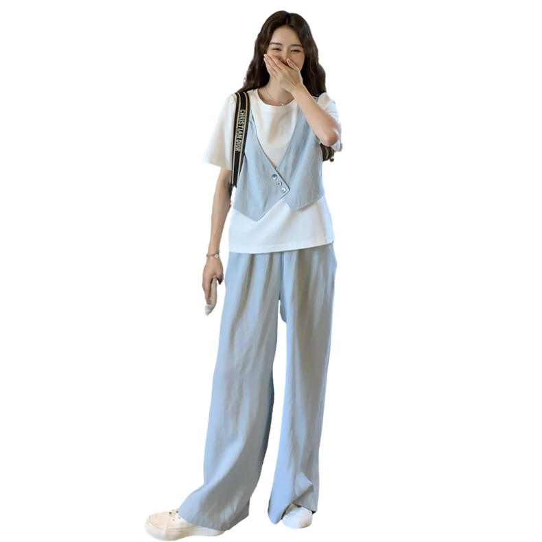 现货-休闲浅蓝色假两件短袖T恤阔腿裤套装女夏203-8926-P145-K208,女装套装/套裙,浙宝203