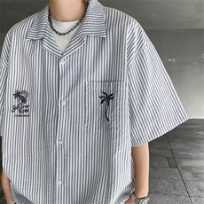 复古竖条纹针织短袖衬衣男2024夏季潮流宽松半袖衬衫休闲，男装衬衫，星座716-4