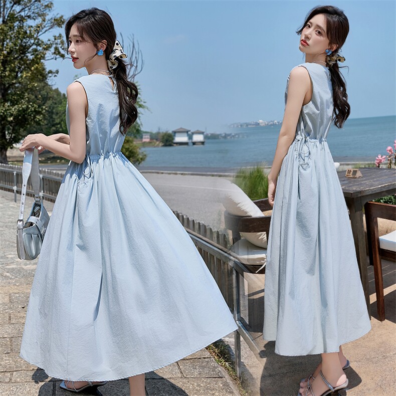 法式度假风背心连衣裙女2025年夏季新款欧若风蓝色无袖长裙子,女装连衣裙,江南女神