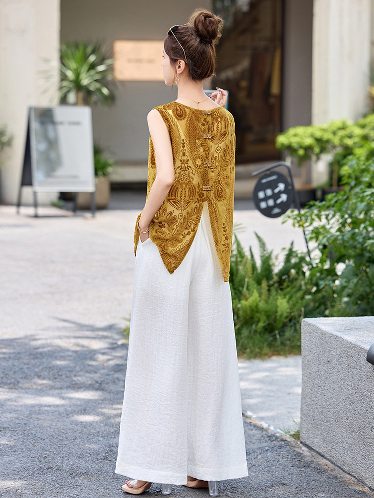 高级感丝绒提花无袖背心衬衫女2025夏新款设计感后背开叉衬衣上衣,女装套装/套裙,沁沁公主