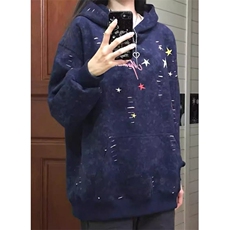 美式重工印花破洞透底斑驳感卫衣宽松连帽衫男W16114，男装卫衣，星座1116A（原606A-3）