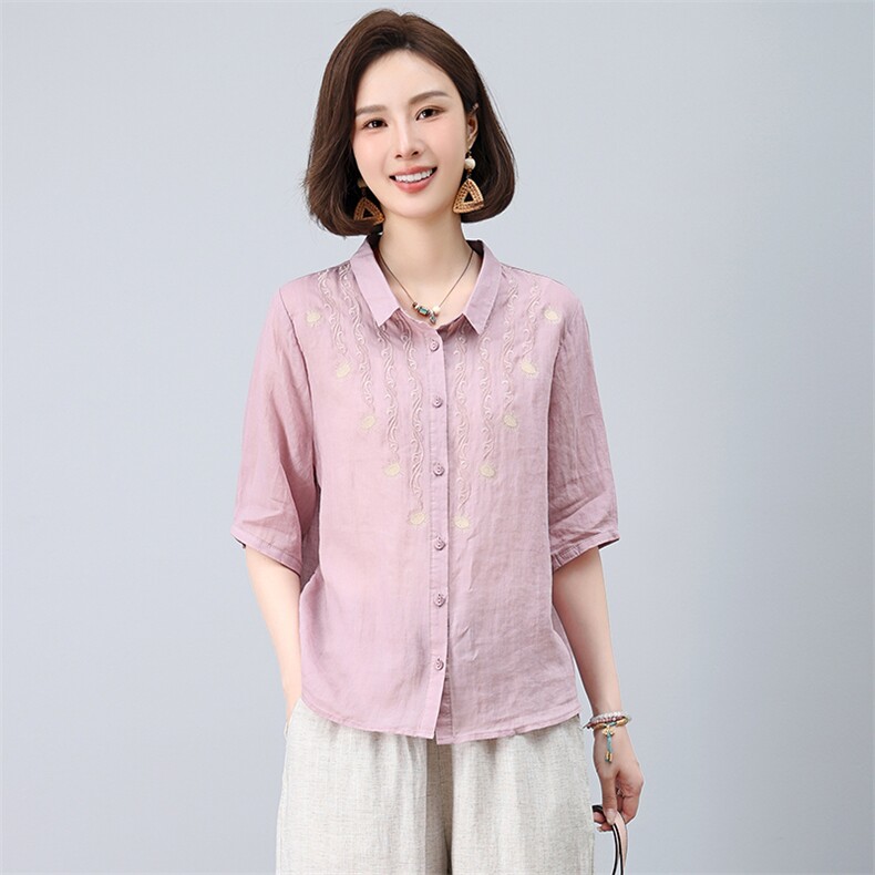 苎麻衬衫夏季2025新款刺绣薄款小衫上衣,女装衬衫,忆绮罗