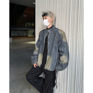 立领拉链重工拼接水洗做旧有垫肩牛仔夹克外套男宽松JK08962-P90