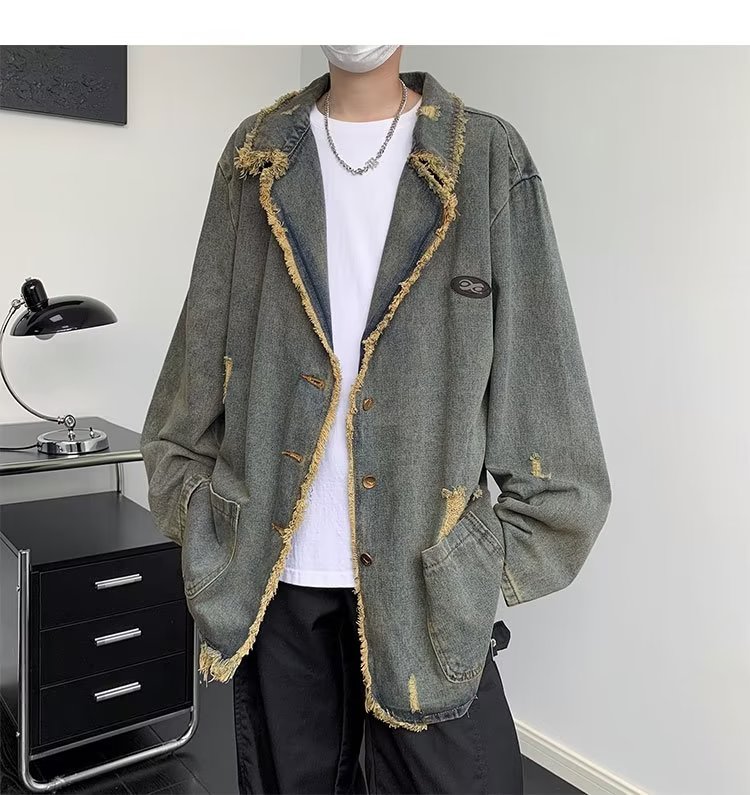 美式潮牌复古牛仔外套男春秋西装外套oversize设计感小众J922-P65,男装夹克,星座1008