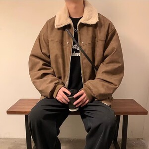 美式复古棕色皮衣外套男秋冬季潮牌高级感夹棉加厚羊羔绒夹克棉衣图片