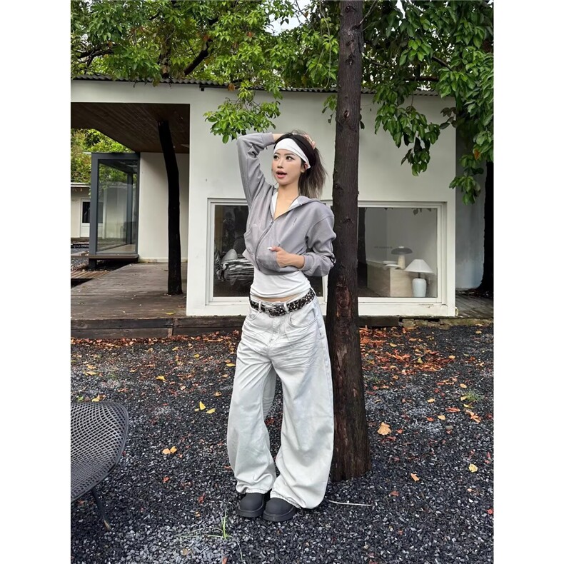 美式压褶立体抓痕猫须阔腿牛仔裤男装直筒vibe风休闲弯刀长裤阔腿,男装牛仔裤,星座506A