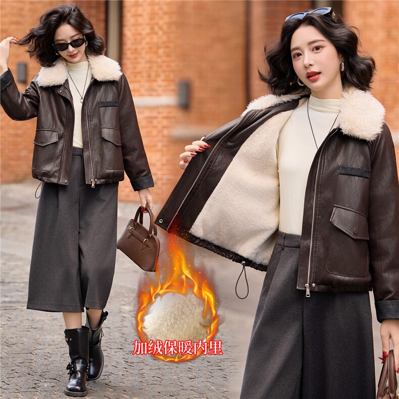 时尚洋气毛领短款皮衣女25冬新款ins潮加绒加厚拼接气质皮衣外套，女装皮衣，潮流依族