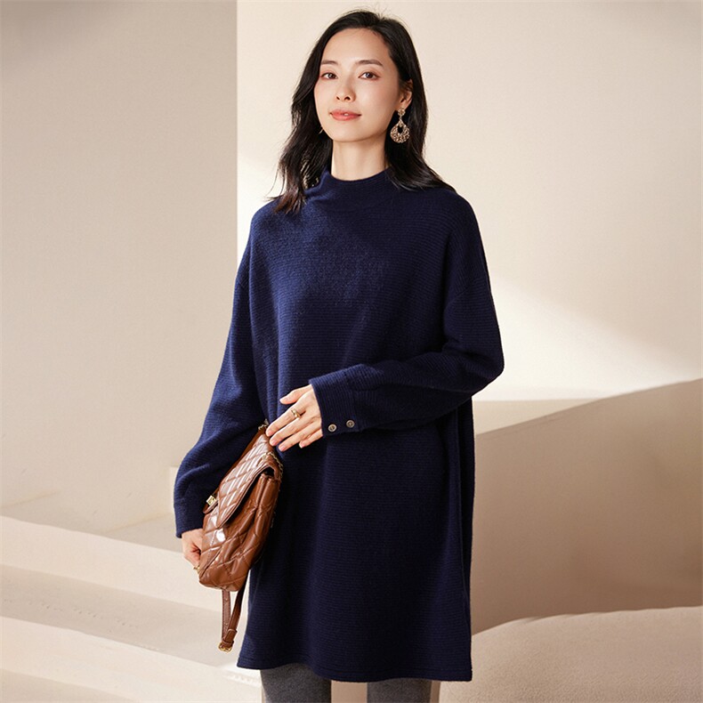 2025春秋新款羊绒衫女100纯山羊绒中长款套头半高领套头针织衫,女装羊绒衫,绒歆坊