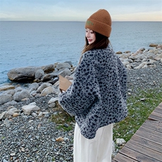 美式复古豹纹立领毛呢外套女2025年秋冬季新款高级感慵懒宽松上衣，女装短外套，2C007