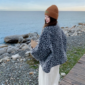 美式复古豹纹立领毛呢外套女2025年秋冬季新款高级感慵懒宽松上衣图片