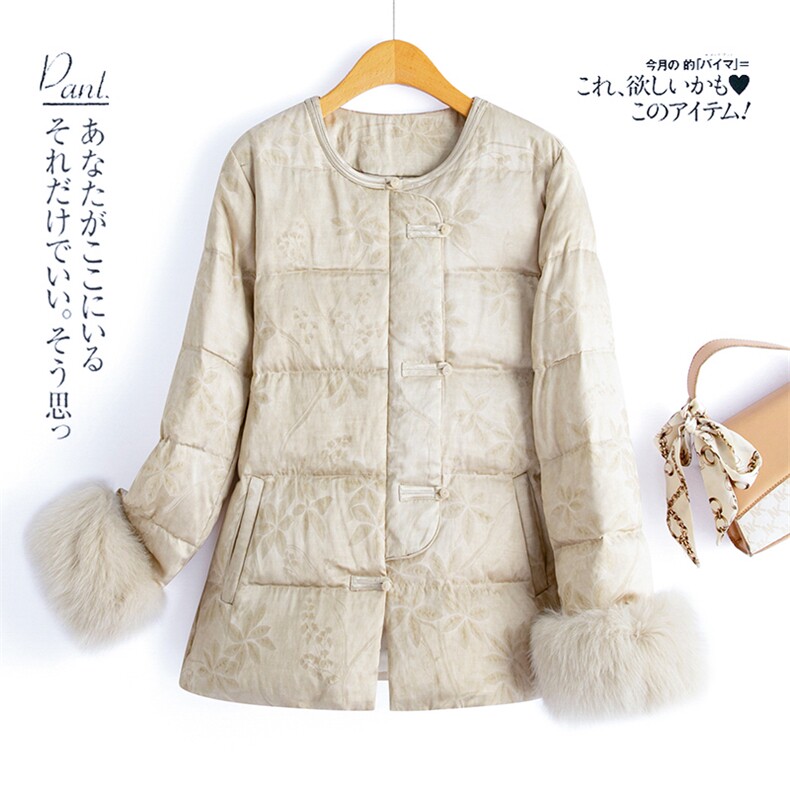 水衣源2789款冬季人丝复古炒色提花狐狸毛袖气质优雅中式羽绒服女，女装羽绒服，水衣源