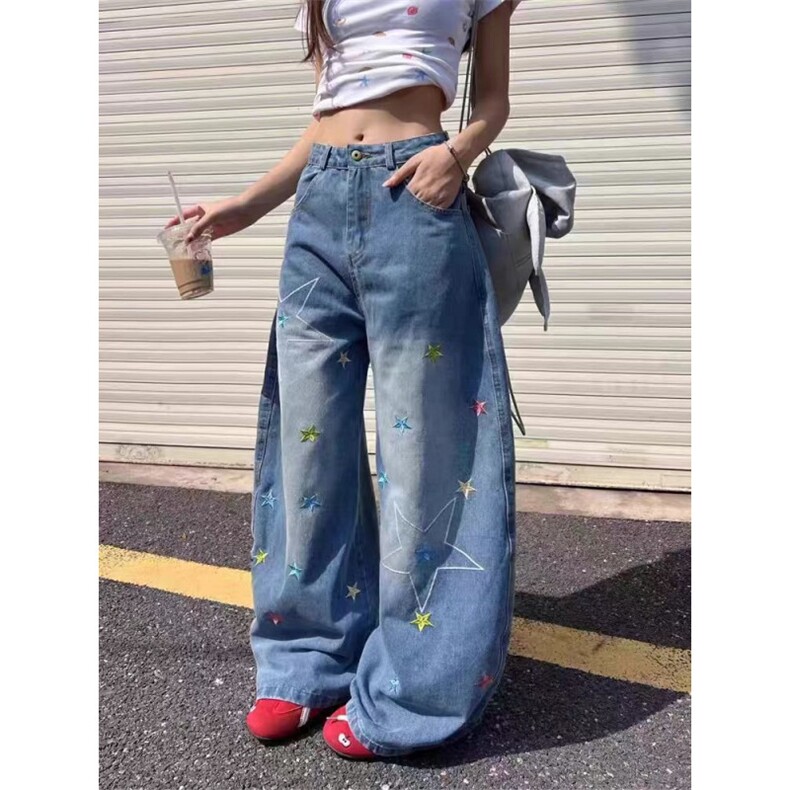 美式水洗设计感星星刺绣牛仔裤男女潮牌宽松bf慵懒风拖地弯刀裤潮,男装牛仔裤,星座506A