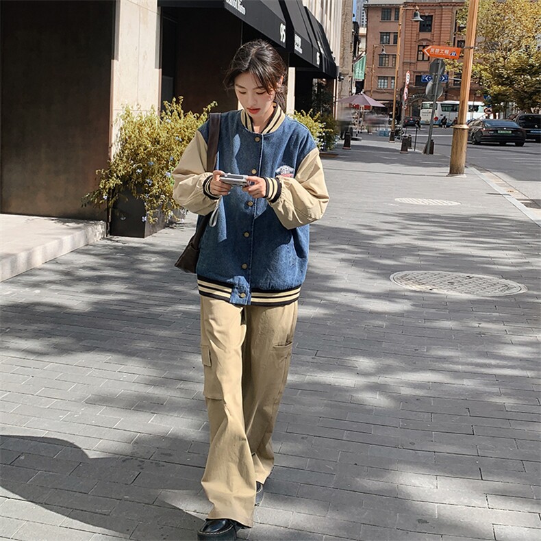 美式复古休闲夹棉牛仔外套女春秋季宽松百搭bf慵懒风棒球服夹克潮，女装牛仔外套，天使之佳话