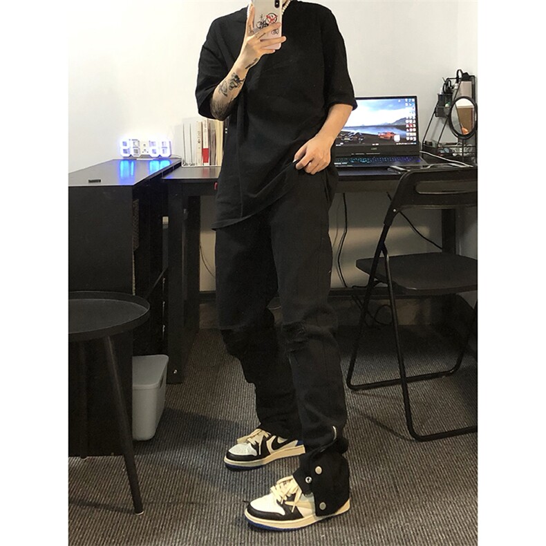 新款美式高街ins小众拉链排扣破洞休闲牛仔裤货号K642P6078图片